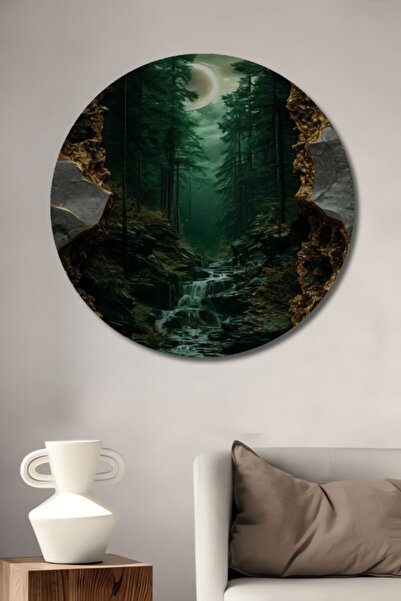 Teona Ahşap Στρογγυλό Ξύλινο Διακοσμητικό Πίνακα με Μυστηριώδη Καταρράκτη του...