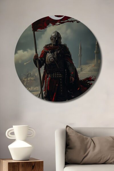 Teona Ahşap Στρογγυλή Τουρκική Σημαία με Ελαιογραφία Πολεμιστή, Ξύλινο Διακοσ...