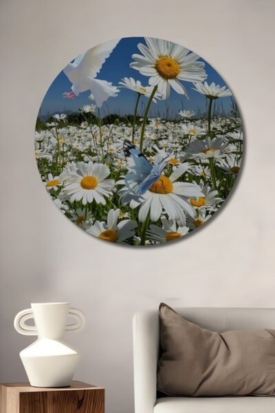 Teona Ahşap Στρογγυλό Ξύλινο Διακοσμητικό Τραπέζι με Ακουαρέλα Εμφάνισης Λευκ...