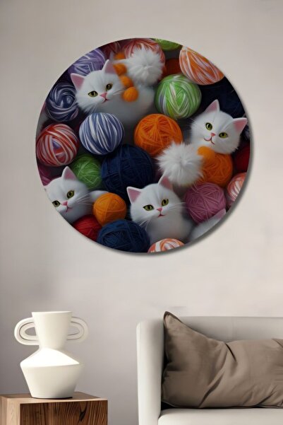 Teona Ahşap Στρογγυλό ξύλινο διακοσμητικό τραπέζι με χαριτωμένες λευκές γάτες...