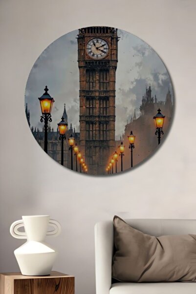 Teona Ahşap Στρογγυλό Ξύλινο Διακοσμητικό Τραπέζι με Ελαιογραφία Μπιγκ Μπεν τ...