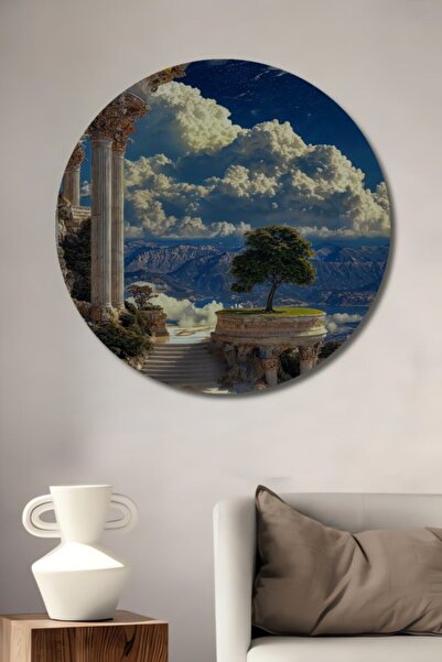 Teona Ahşap Στρογγυλό Μεγαλοπρεπές Ξύλινο Διακοσμητικό Τραπέζι με Αρχαίο Τοπί...