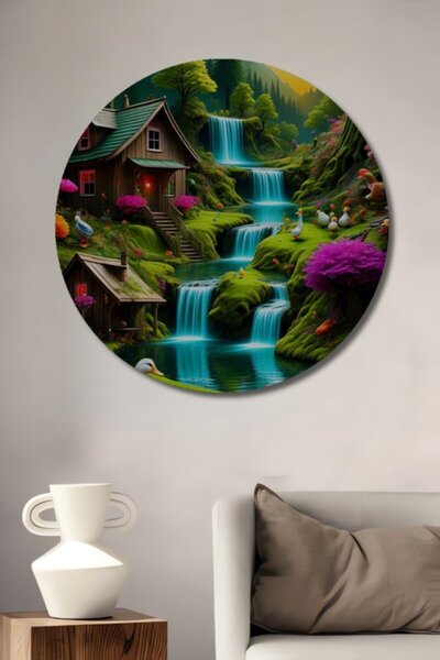 Teona Ahşap Στρογγυλό Ξύλινο Διακοσμητικό Τραπέζι με Ακουαρέλα με θέμα Σπίτια...