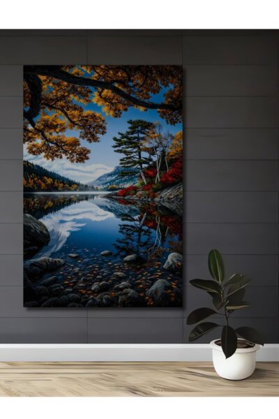 Teona Ahşap Φθινοπωρινό Τοπίο Δάσους με Λίμνη, Ελαιογραφία με Ξύλινη Διακοσμη...