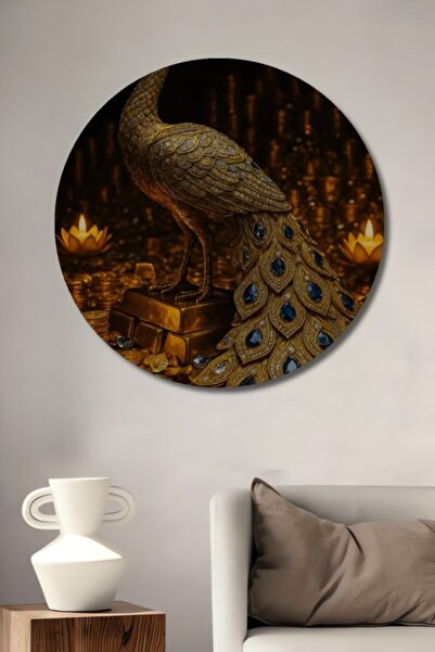 Teona Ahşap Στρογγυλό Ξύλινο Διακοσμητικό Πίνακα με Χρυσό Φτερωτό Πουλί Παγών...