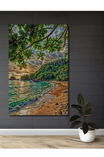 Teona Ahşap Τροπικός Παράδεισος Ηλιοβασίλεμα Ελαιογραφία με όψη ξύλου Διακοσμ...