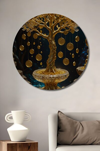 Teona Ahşap Στρογγυλό Ξύλινο Διακοσμητικό Τραπέζι με Ελαιογραφία Χρυσού Δέντρ...