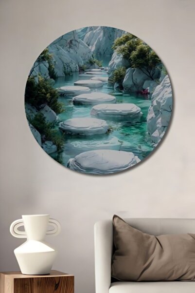 Teona Ahşap Στρογγυλό Ξύλινο Διακοσμητικό Τραπέζι με Ακουαρέλα Εφέ Μαγικής Ορ...