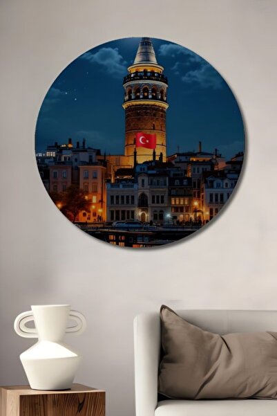 Teona Ahşap Στρογγυλό Ξύλινο Διακοσμητικό Πίνακα με Ελαιογραφία Νυχτερινής Θέ...