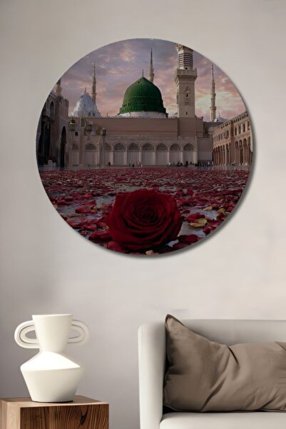 Teona Ahşap Στρογγυλό Ξύλινο Τραπέζι με Ακουαρέλα Πράσινου Θόλου Μέκκας Μεδίν...