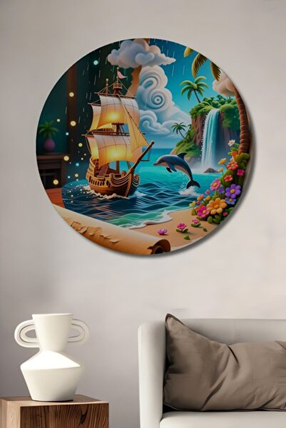 Teona Ahşap Στρογγυλό Ξύλινο Διακοσμητικό Πίνακα με θέμα το Σκάφος Ιστιοπλοΐα...