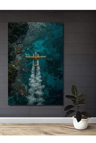 Teona Ahşap Πανέμορφο διακοσμητικό ξύλινο πίνακα με κίτρινο αεροπλάνο που ταξ...