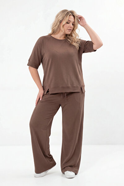 Asena Mila Brown Double Top and Bottom Tracksuit Set