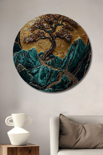 Teona Ahşap Στρογγυλό Ξύλινο Διακοσμητικό Πίνακα με Χρυσό Δέντρο και Ορεινό Τ...