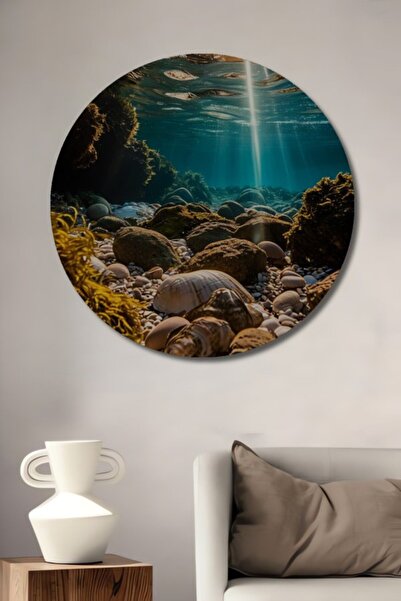 Teona Ahşap Στρογγυλό Ξύλινο Διακοσμητικό Τραπέζι με Πέτρες Κοχυλιού και Ηλιό...