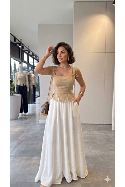 Rute butik Askı detaylı keten korse bluz