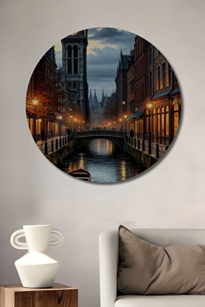 Teona Ahşap Στρογγυλό Ξύλινο Διακοσμητικό Τραπέζι με Ελαιογραφία Καναλιών του...