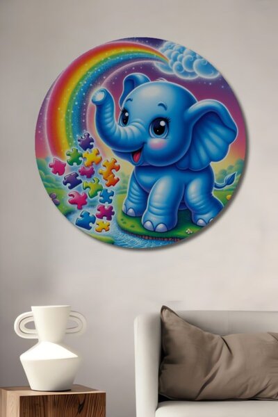 Teona Ahşap Στρογγυλό χαριτωμένο μπλε ελεφαντάκι και πολύχρωμα παζλ με ελαιογ...