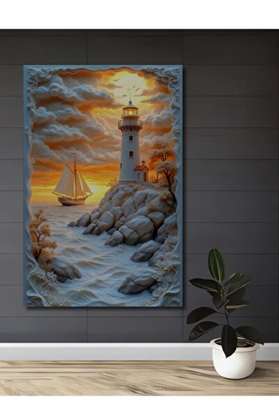 Teona Ahşap Διακοσμητικό Ξύλινο Τραπέζι με Ελαιογραφία Φάρου και Ιστιοπλοϊκού...