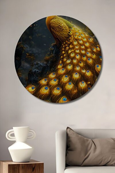 Teona Ahşap Στρογγυλό Ξύλινο Διακοσμητικό Πίνακα με Χρυσό Φτερωτό Πουλί Παγών...