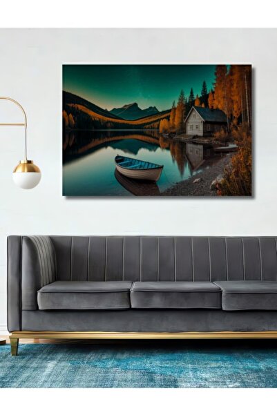 Teona Ahşap Φθινοπωρινή λίμνη, σπίτι και καγιάκ, ελαιογραφία με εφέ ξύλου, δι...