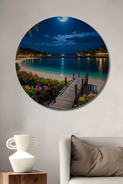 Teona Ahşap Στρογγυλό Ξύλινο Διακοσμητικό Τραπέζι με Τροπικό Νυχτερινό Τοπίο ...