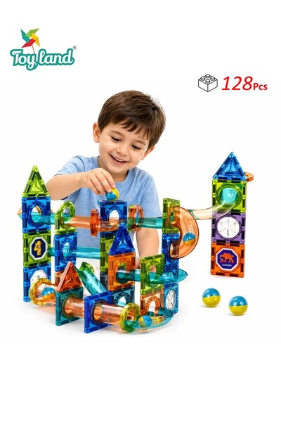 TOY LAND مجموعة مكعبات بناء مغناطيسية مع مسار كرات، 128 قطعة، لعبة تركيب ذاتي...