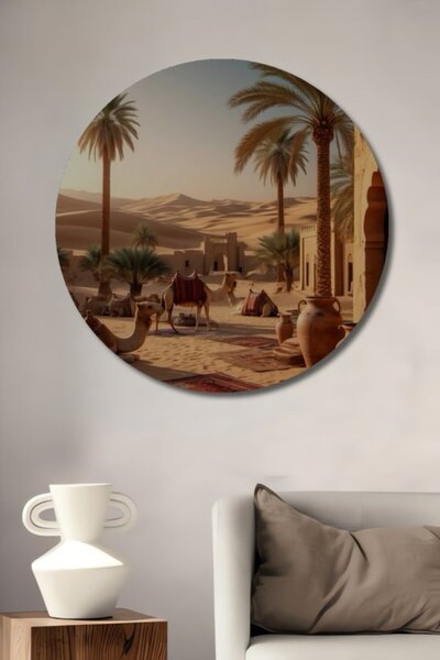 Teona Ahşap Στρογγυλό Ξύλινο Διακοσμητικό Τραπέζι με Ακουαρέλα Εμφάνισης Καμη...