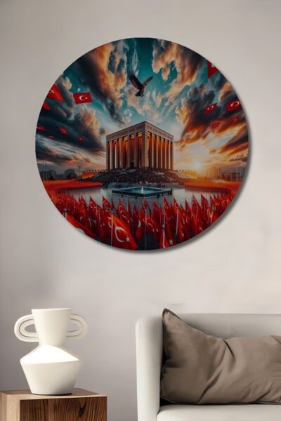 Teona Ahşap Στρογγυλό Ξύλινο Διακοσμητικό Τραπέζι με Ελαιογραφία Μνημείου Ατα...