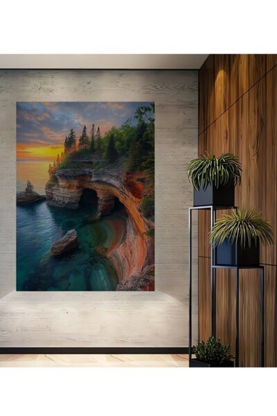 Teona Ahşap Πανέμορφο Ξύλινο Διακοσμητικό Τραπέζι με Θέμα Ηλιοβασίλεμα, Σπηλι...