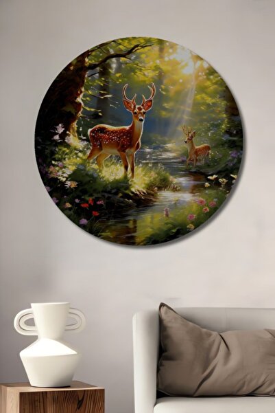 Teona Ahşap Στρογγυλό Ξύλινο Διακοσμητικό Τραπέζι με Ελαιογραφία με θέμα τα Ε...