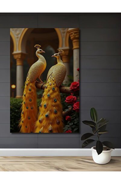 Teona Ahşap Διακοσμητικός Ξύλινος Πίνακας Τέχνης με Χρυσό Φτερωτό Παγώνι και ...