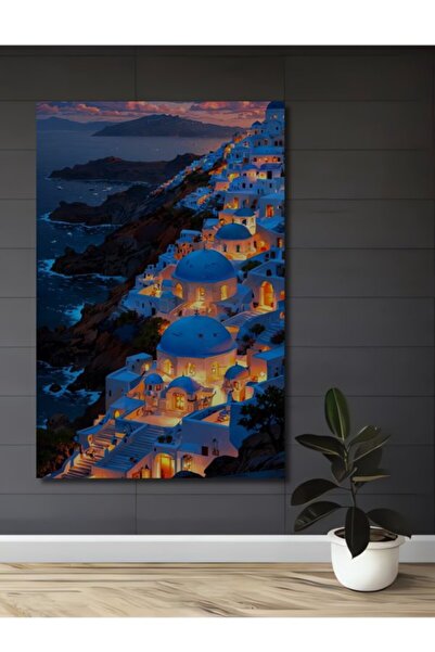 Teona Ahşap Σαντορίνη Ξύλινο Διακοσμητικό Τραπέζι με Ελαιογραφία Τοπίου Ηλιοβ...