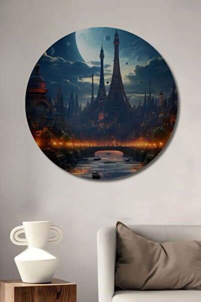 Teona Ahşap Στρογγυλό Φουτουριστικό Ξύλινο Διακοσμητικό Πίνακα με Ελαιογραφία...