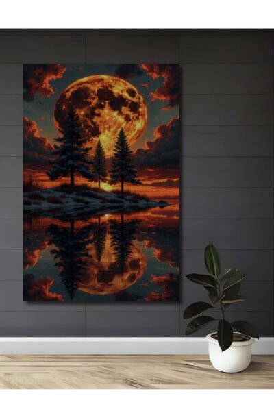 Teona Ahşap Ελαιογραφία με θέμα το Φεγγάρι της Φωτιάς, Ξύλινο Διακοσμητικό Τρ...