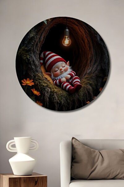 Teona Ahşap Στρογγυλός Ξύλινος Διακοσμητικός Πίνακας με Ελαιογραφία Ξύλινης Φ...