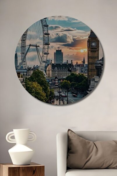 Teona Ahşap Στρογγυλό Ξύλινο Διακοσμητικό Τραπέζι με Ελαιογραφία Τοπίου του Λ...