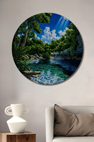 Teona Ahşap Στρογγυλό Ξύλινο Διακοσμητικό Τραπέζι με Ελαιογραφία σε Στυλ Τροπ...