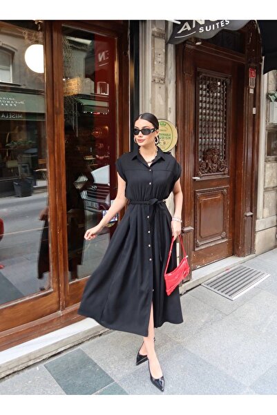 Paraf style Γυναικείο πουκάμισο με γιακά και ζώνη, φόρεμα μίντι μήκους