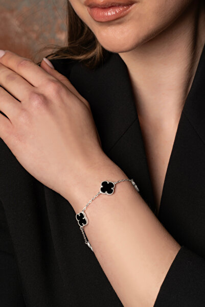 LUNAERA JEWELRY 925 Ayar Gümüş Siyah Taşlı Dört Yapraklı Yonca Bileklik – Min...