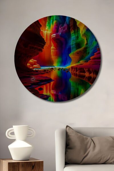 Teona Ahşap Στρογγυλό Ξύλινο Διακοσμητικό Τραπέζι με Εφέ Ελαιογραφίας Σπηλαίο...