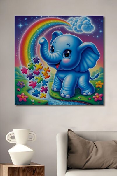 Teona Ahşap Χαριτωμένος μπλε ελέφαντας και πολύχρωμα παζλ με ελαιογραφία σε ε...