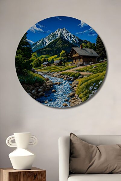 Teona Ahşap Στρογγυλό Ξύλινο Διακοσμητικό Πίνακα με Μεγάλο Ορεινό Τοπίο και Σ...