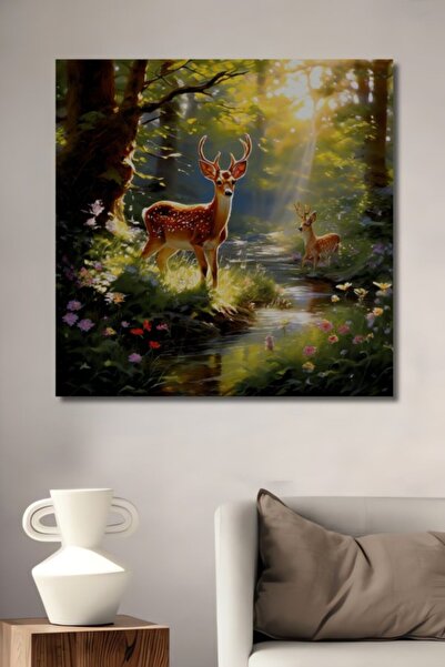 Teona Ahşap Μαγικά Ελάφια του Δάσους, Ξύλινο Διακοσμητικό Πίνακας με Εφέ Ελαι...