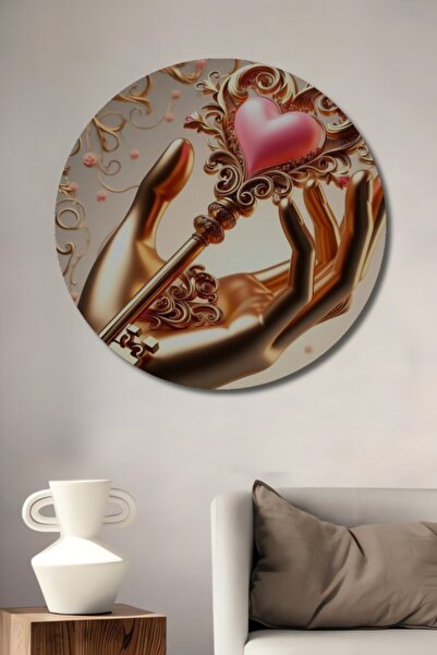 Teona Ahşap Στρογγυλό Ξύλινο Διακοσμητικό Τραπέζι με Χρυσό Μοτίβο Καρδιάς και...