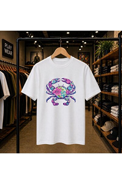 playwear Floral Crab Chest Printed 100% Cotton Oversize Loose Regular Fit Cre...