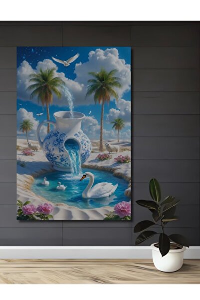 Teona Ahşap Μεγάλο Ξύλινο Διακοσμητικό Τραπέζι με Σχέδιο Βάζου και Κύκνων για...