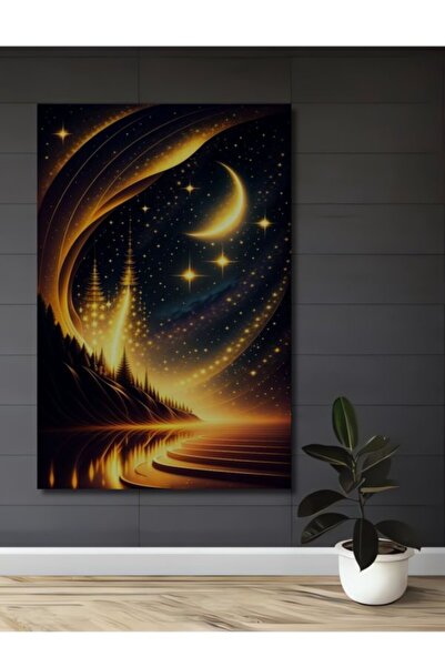 Teona Ahşap Ξύλινο Διακοσμητικό Πίνακας "Χρυσός Φεγγάρι και Δάσος με Αστέρια ...