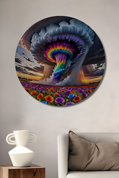 Teona Ahşap Στρογγυλό Ξύλινο Διακοσμητικό Πίνακα με Ελαιογραφία Πολύχρωμης Τυ...