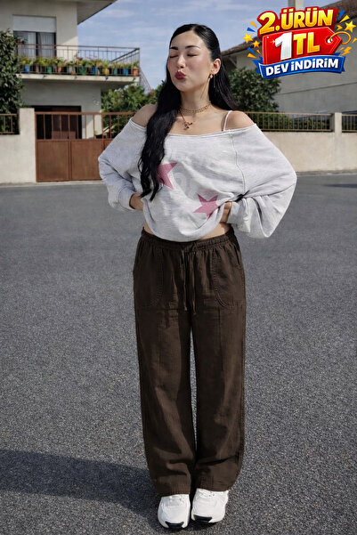 DAMGA JEANS Γυναικείο λινό παντελόνι σε σκούρο καφέ χρώμα με ελαστική μέση κα...